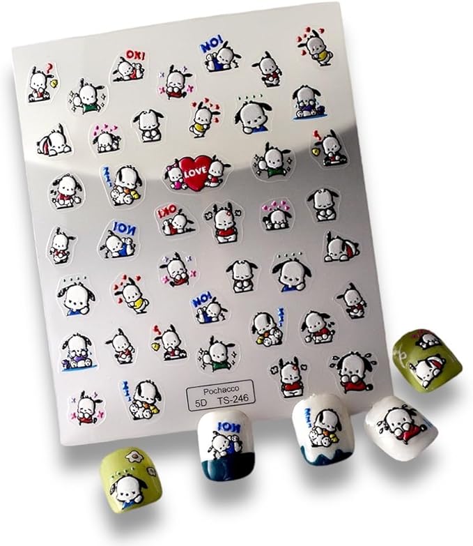 Anime Nail Stickers 5D 3D Embossed Japanese Kawaii Nail Art Decals for Unisex DIY Nail Design, Self Adhesive Dog Stickers for Natural Gel Press On Nails, Cute Otaku Cosplay Gift Pink (Dog)