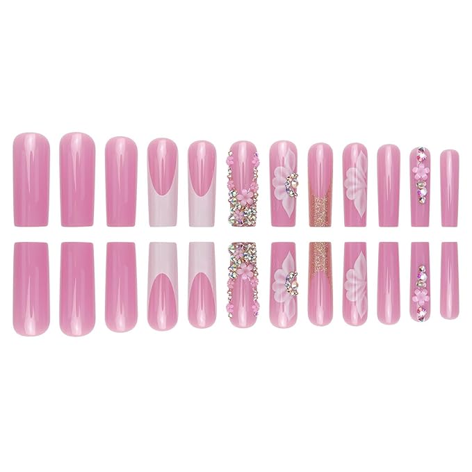 Long Square Press on Nails French Tip Fake Nails Pink False Nails with Flower Designs Glue on Nail Glitter Glossy Rhinestone Acrylic Nails Full Cover Artificial Nail for Women Manicure 24Pcs