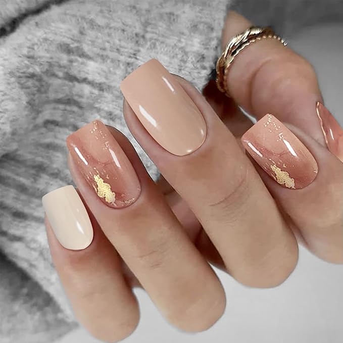 Gold Semi Cured Gel Nail Strips UV/LED Light Needed 20Pcs Cream Gel Nail Stickers with Design Glossy Marble Nails Polish Strips Full Polish Self Adhesive Nails Wraps for Women