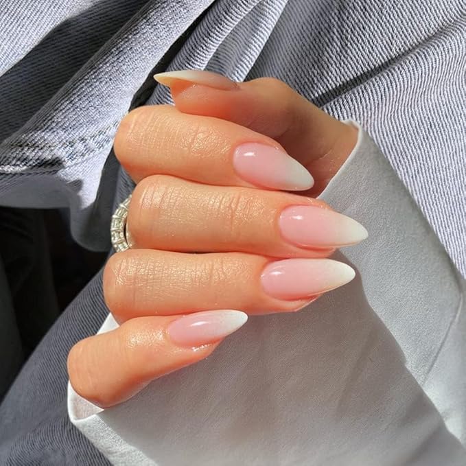 Gradient Pink Press on Nails Almond Shape Medium Length - Neutral Acrylic Fake Nails for Women, Glue on Stiletto False Nails, Ombre Pink Gel Artificial Nails