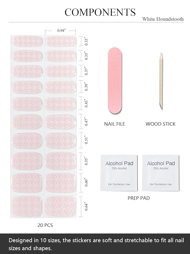 Semi Cured Gel Nail Strips (White Houndstooth), 20 Pcs Gel Nail Wraps, Stickers, UV Light Required, Salon Quality, Long Lasting