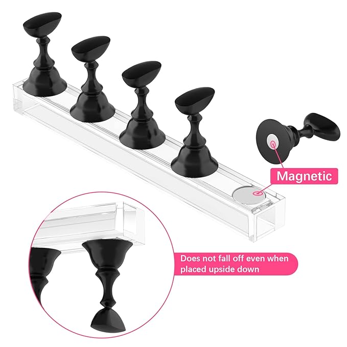 Nail Stand Acrylic Nail Art Display Stand Magnetic Nail Tips Practice Holder 54 Pcs Reusable Adhesive Putty for DIY Painting Nails Stand kit (Black)