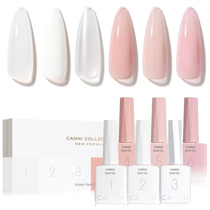 CANNI Rubber Base Gel Set - 6 Colors Milky White Clear Pink Nude Builder Nail Gel for Nail Strengthening, Soak Off UV LED for Natural Nails, DIY Manicure Salon Use Women & Girls