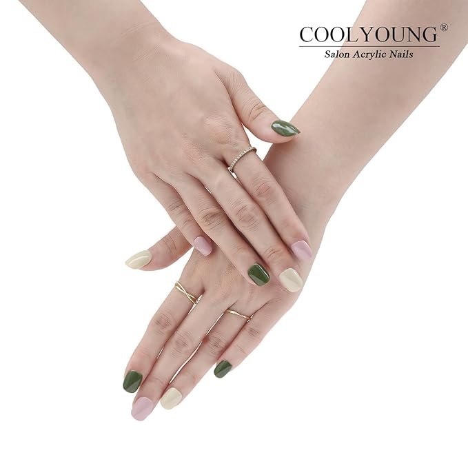 COOLYOUNG Press On Nails Short Square, Mixed Color - Pink, Beige, Green, 25 PCS Handmade Acrylic Fake Nails