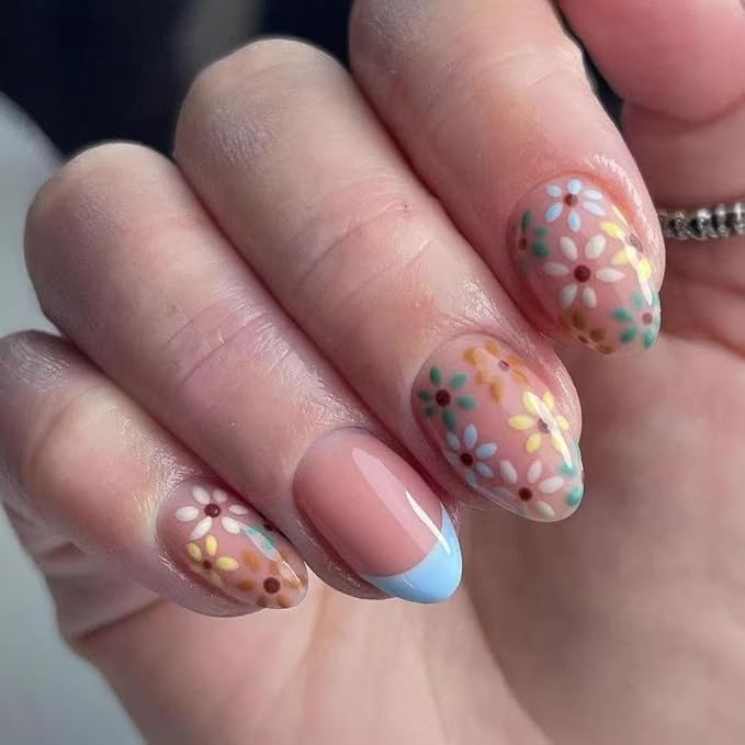 Blue French Tip Press on Nails Medium - Almond Fake Nails Spring Floral Nails Press ons - Cute Colorful Flower False Nails Summer Full Cover Glue on Nails Reusable Nails for Women 24Pcs
