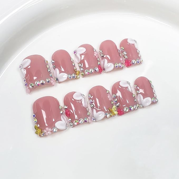 Luxury Press on Nails Short Square Handmade 3D Unique Reusable ABS Material Fake Nails French Tip False Nails with Designs Flower Rhinestones Butterfly Glossy Glue on Nail Thick Acrylic Nail(M)