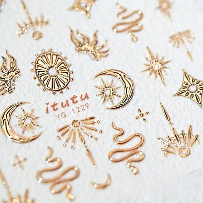Gold Nail Stickers 5D Embossed Star Moon Nail Supplies 3D Self-Adhesive Totem Nail Decals Sun Flame Nails Designs Snake Nails Decoration Accessories for Women Girls DIY Manicure 1 Sheet