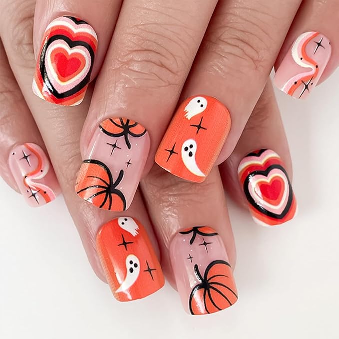 6 Packs (144 Pcs) Halloween Press on Nails Short Square Fake Nails with Designs Pumpkin Ghost Spider Glue on Nails Full Cover Glossy Acrylic Stick on Nail for Women Girls Manicure