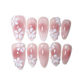 10 Medium Almond Handmade Press On Nails | Romantic Pink Blush Rendering Shimmer Fake Nails with 3D White Floral Accents | Easy Apply & Remove, Reusable Salon Quality Nails (5U14, S)