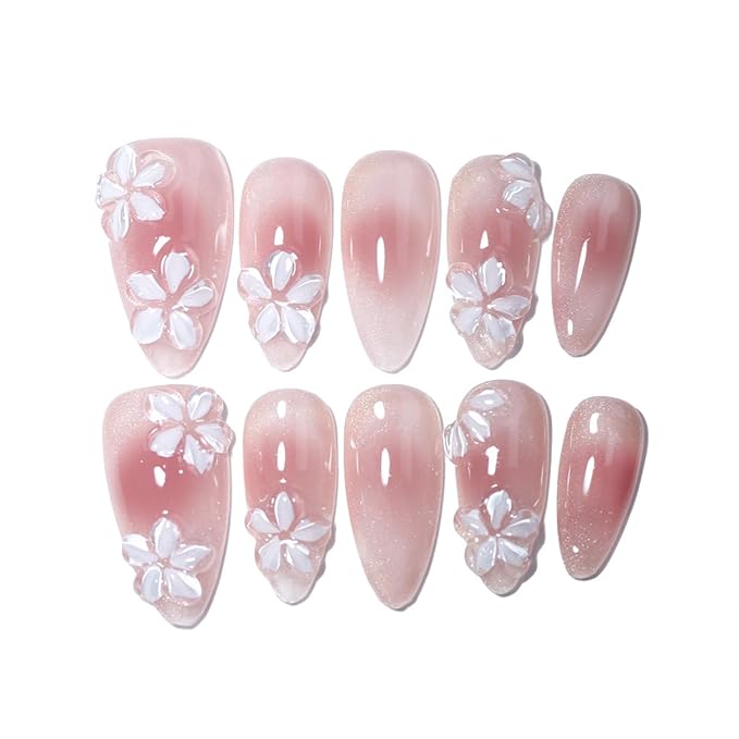 10 Medium Almond Handmade Press On Nails | Romantic Pink Blush Rendering Shimmer Fake Nails with 3D White Floral Accents | Easy Apply & Remove, Reusable Salon Quality Nails (5U14, S)