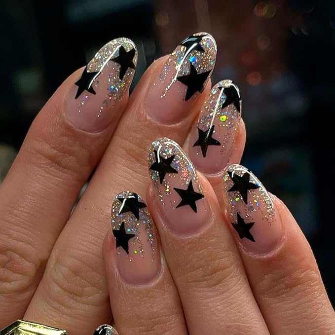 Star Press on Nails Medium Almond Fake Nails Glitter French Tip False Nails Press ons with Designs Reusable Artificial Nail Full Cover Stick on Nails for Women Manicure 24Pcs