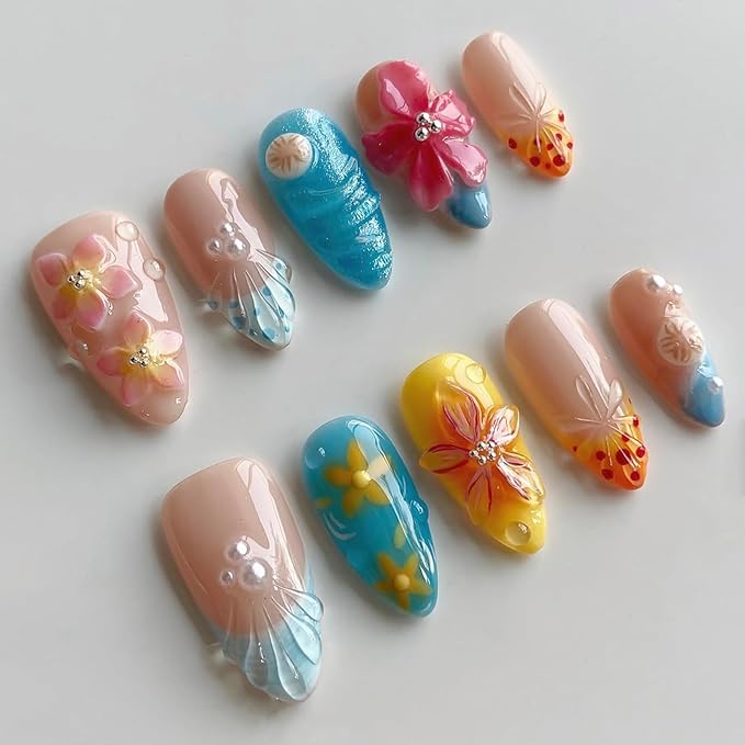 Luxury Press on Nails Medium Almond French Tip Handmade 3D Unique Reusable ABS Material Fake Nails Beach False Nails with Designs Summer Floral Art Petal Glossy Glue on Nails Thick Acrylic Nails(S)