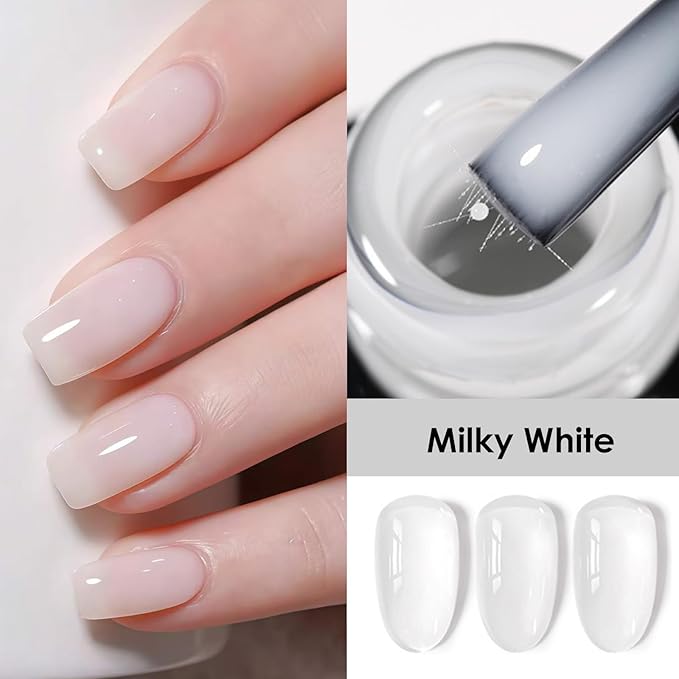 Fiber Glass Rubber Base Gel Nail Polish, Milky White Glossy Glass Brush on Nails Strengthener Base Coat for Repair Broken Damaged Nails, LED UV Lamp Required Soak Off Building Gel-01,7ml