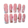 10Pcs Duck-shaped Handmade Press On Nails | French Style with 3D Floral & Rhinestone Decor | Easy to Apply, Remove & Reusable, Salon - Quality (251001, S)