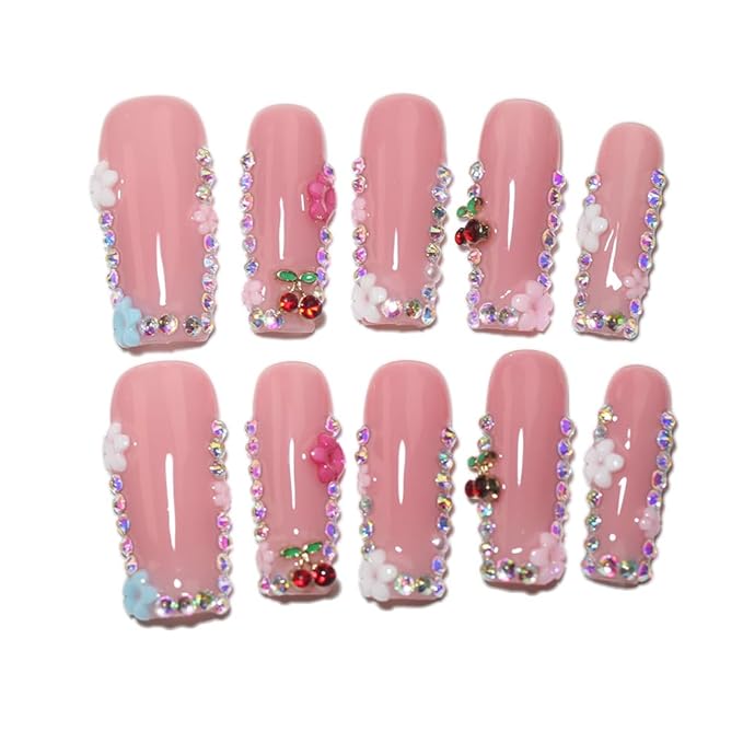 10Pcs Duck-shaped Handmade Press On Nails | French Style with 3D Floral & Rhinestone Decor | Easy to Apply, Remove & Reusable, Salon - Quality (251001, M)