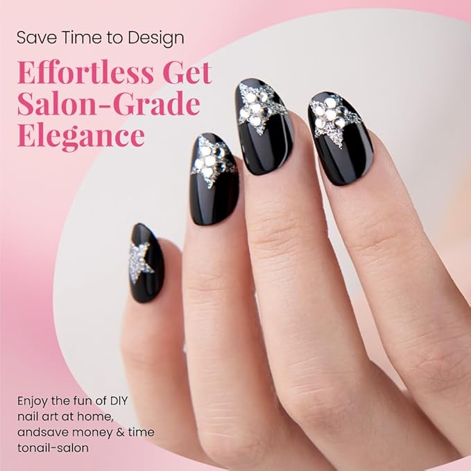 evpct Black Goth Cat Eye Short Press on Nails Oval, Short Oval Stick on Nail for Women Gift, Gothic Silver Star Metallic Glitter Glossy Reusable Spring Summer Press on Acrylic Fake Nail with Design