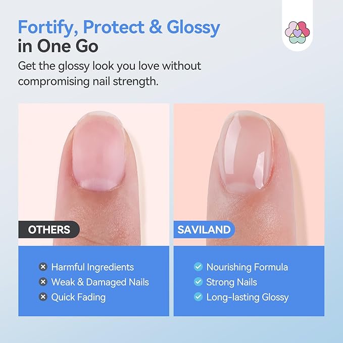 SAVILAND 3-in-1 Base & Top Coat & Nail Strengthener: 15ml Quick Air Dry Clear Nail Polish Nail Strengthener and Growth for Damaged Nails Nail Treatment Glossy Regular Nail Lacquer Women Gift