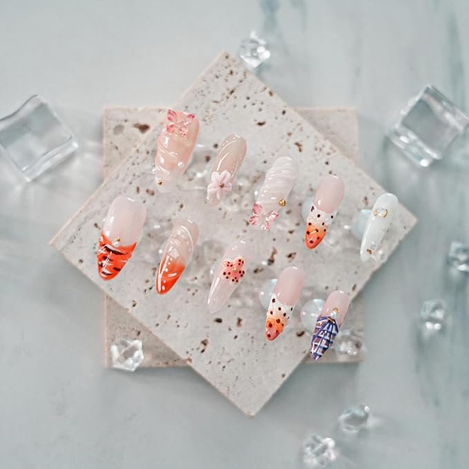 Tropical Flower Press on Nails Long Almond with Butterfly, 3D Floral French Tip Glossy Press ons for Women, Reusable Stick on Thick Acrylic Nails for Summer (Tropical Flair,M)