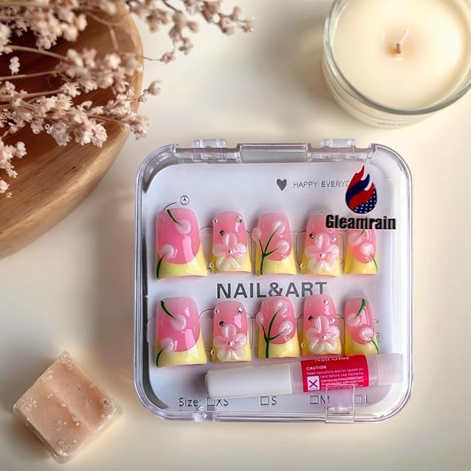 Pink Press on Nails Handmade Duck Glue on Nails Yellow French Tip with 3d Flower Design Elegant for Women for Spring 10pcs M Size Pattern 1105