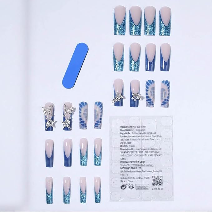 Long Square Press on Nails Blue Glitter French Tip Fake Nails Full Cover Blue Acrylic False Nails with Charms Designs Long Nails Press ons 24Pcs Ombre Glue on Nail for Women