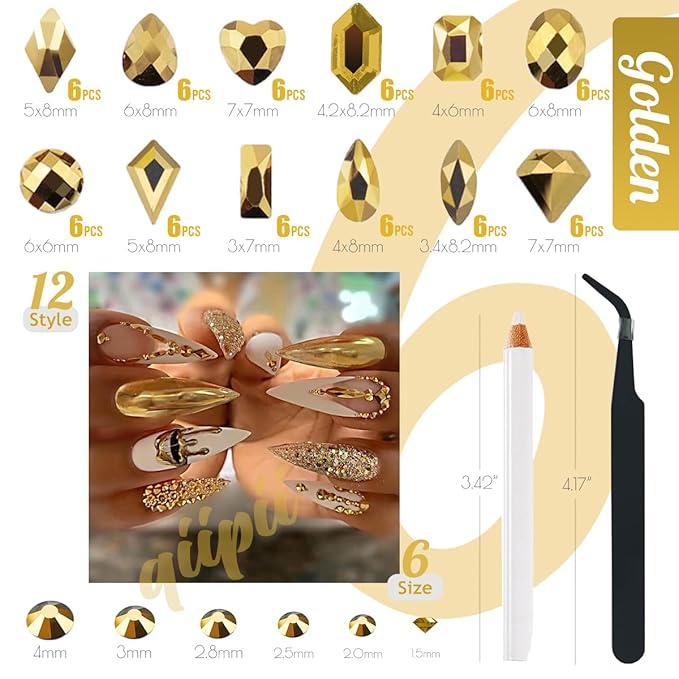 2052Pcs Mine Gold Nail Rhinestones 72 Multi Shapes Flatback metallic golden Rhinestones Gems +1980 Round Beads K9 Glass Nail Stones Diamonds Nail Art Supplies for Nails Faces Eyes Makeup Crafts