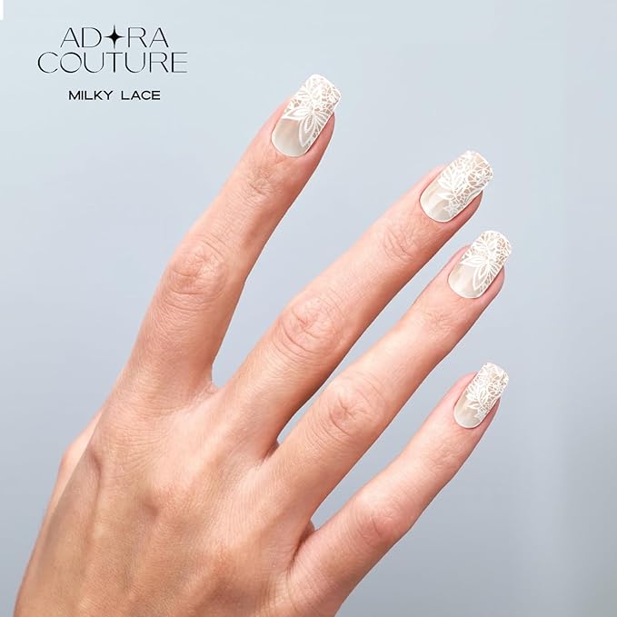Semi Cured Gel Nail Strips with 20 Pieces - UV Gel Stickers, Manicure Kit, Easy Application Wraps Includes Prep Pads, Nail File, Wooden Stick - UV Light Required (Milky Lace)