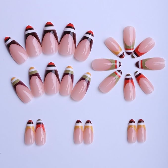 Striped French Press on Nails Medium Almond Fake Nails Fall Winter Nails Press ons with Design,Full Cover Stick on Nails for Women Manicure,Reusable | Artificial | Easy Apply | 24Pcs