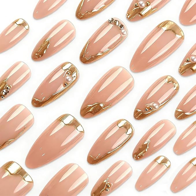 Gold Press on Nails French Tip Fake Nails Almond Medium False Nails Press Ons Pearl Glossy Full Cover Acrylic Glue on Nail Artificial Stick on Nail or Women Manicure 24Pcs