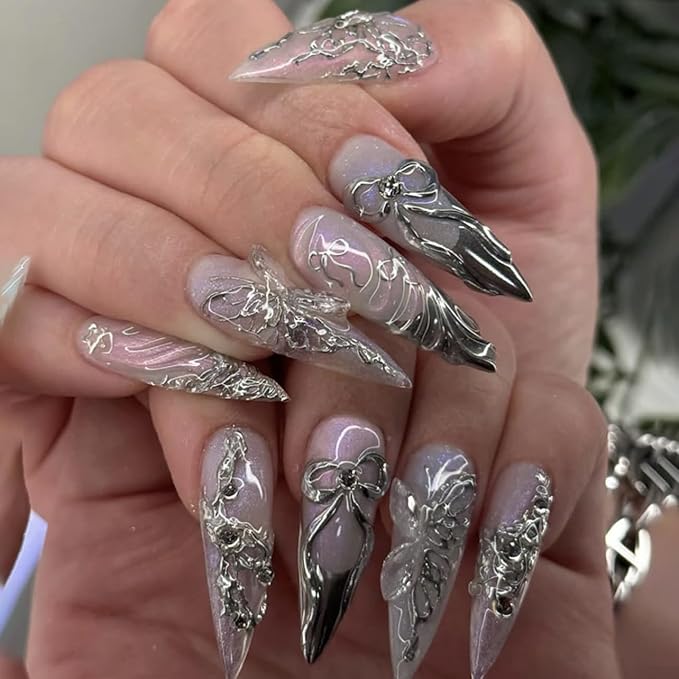 3D Silver Butterfly Press on Nails Long Stiletto – Chrome Powder Designs, Acrylic Reusable Fake Nails with Adhesive Tabs Glue, Salon Quality Nail Press Ons - Nail Kit for Women Manicure
