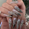 3D Silver Butterfly Press on Nails Long Stiletto – Chrome Powder Designs, Acrylic Reusable Fake Nails with Adhesive Tabs Glue, Salon Quality Nail Press Ons - Nail Kit for Women Manicure
