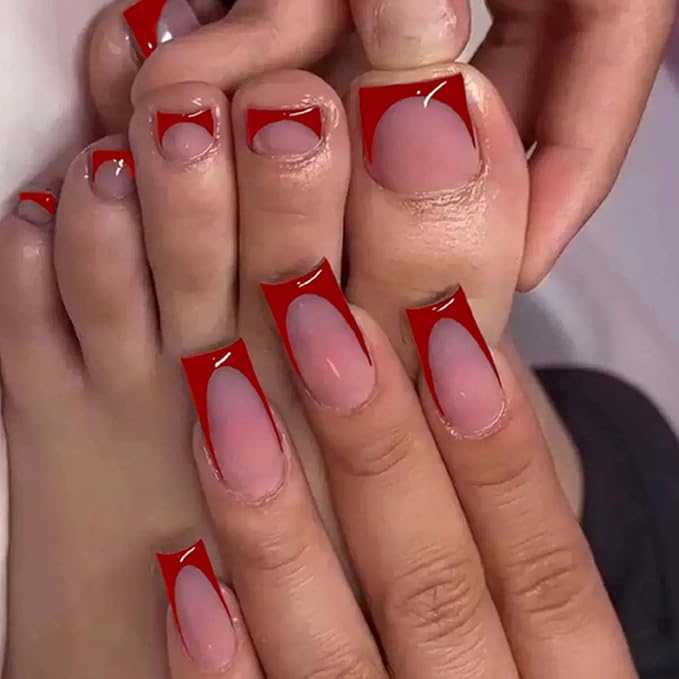 60Pcs Red French Tip Press on Nails & Press on Toenails Set, Square Press on Nails Medium Fake Nails Red French Press on Toenails Full Cover Stick on Press ons for Women