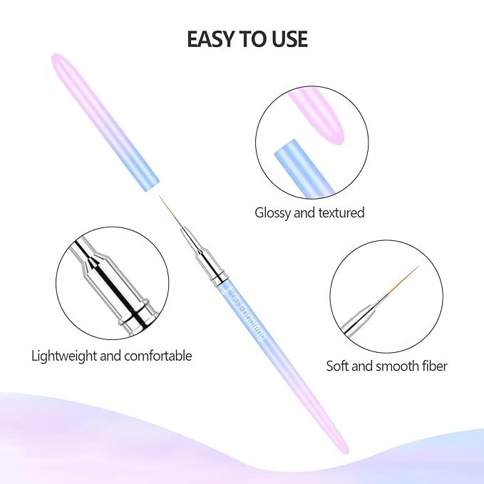 Liner Brush for Nails, 6Pcs Thin Nail Art Brushes Professional Nail Detail Brush for Gel Polish Sizes 5/7/9/11/15/25mm (Blue and Pink)