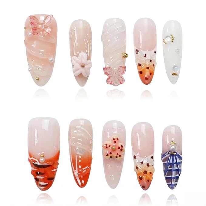 Tropical Flower Press on Nails Long Almond with Butterfly, 3D Floral French Tip Glossy Press ons for Women, Reusable Stick on Thick Acrylic Nails for Summer (Tropical Flair,M)