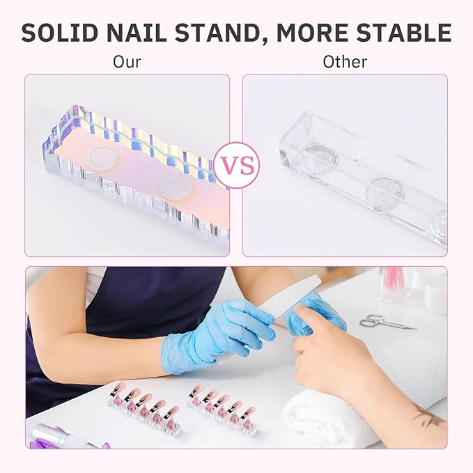 ETERCYCLE 2 Set Nail Holder for Display Painting Nails - Aurora Acrylic Magnetic Practice Nail Stand Set - Fake Nail Holder for Press On Nails with Reusable Adhesive Putty (Pink)