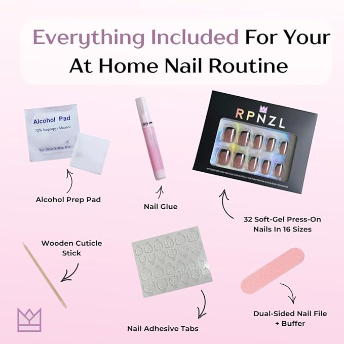Press On Nails - Midnight | Chrome Black French Tip, UV Finish Short Squoval Nails, Reusable, Salon Quality | 32 Nails, 16 Sizes Kit with Glue and Adhesive Tabs