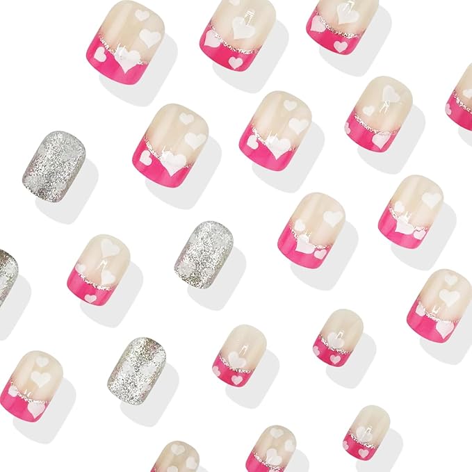 24Pcs Valentines Press on Nails French Tip Short Square Fake Nails with Heart False Nails Rose Pink Nail Tips Acrylic Nails Silver Glitter Valentines Glue on Nails for Women DIY Manicure Design