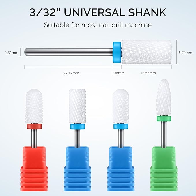 MelodySusie Ceramic Nail Drill Bits Set, 3/32'' (2.35mm) Professional Acrylic Nail File Drill Bit for Manicure Pedicure Cuticle Gel Nail Polishing 4 Pcs