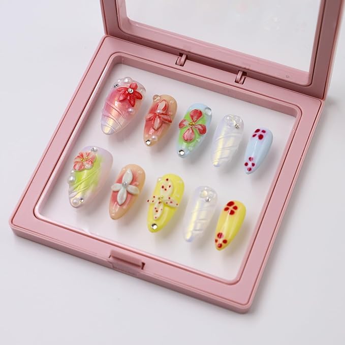 Handmade Medium Almond Nails Thick Press on Nails Aurora Colourful Fake Nails with 3D Tropical Flower Art Design Reusable Acrylic False Nails with Glue, Nature Stick on Nail for Wome (Size S)