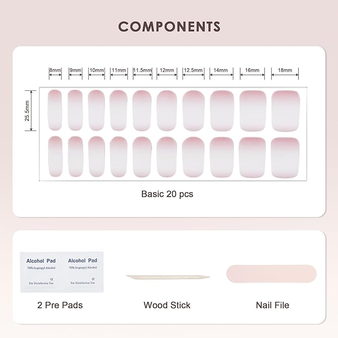 Semi Cured Gel Nail Strips – Real Gel Nail Polish Wraps for Brittle Nails | Waterproof Long Lasting Easy Peel-Off Removal | Hema-Free | 20-Piece Ombre Pink Salon Kit with File & Stick