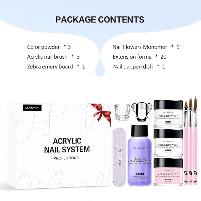 Morovan Acrylic Nail Kit: Clear Pink White Powder and Professional Liquid Set for Nail Extension - DIY at Home With Brush for Beginners