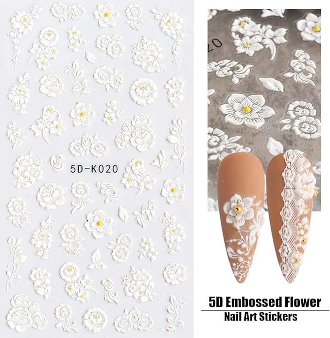 5D Embossed Flower Nail Art Stickers, 6 Sheets Self-Adhesive Nail Sticker Decals,Luxury Hollow Exquisite Pattern Spring Daisy Leaf Butterfly Lace Carving Design for Salon Home Acrylic Nail Decoration