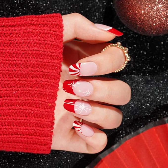 Semi Cured Gel Nail Strips 20 Pcs Christmas Red French Tip Gel Nail Wraps, Stickers, UV Light Required Nail Art Design Decoration Accessories