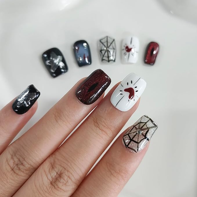 Halloween Press on Nails Short Square Handmade Acrylic Nails 3D Thick Cats Eyes Fake Nails with Rhinestones Spider Web Stars Designs Sparkly Black&Red Sturdy Art False Press on Nail 10Pcs(M)