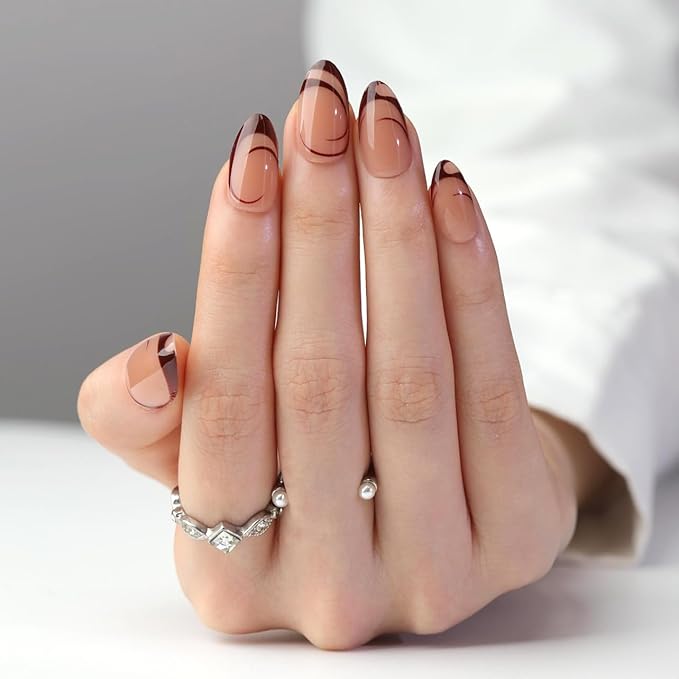 Nude Almond Press on Nails Short, Fall French Fake Nails with Unique Elegant Shaped Burgundy French Tip Design, Glossy Finish Acrylic Nails, Natural Reusable Glue on Nails Kit for Women