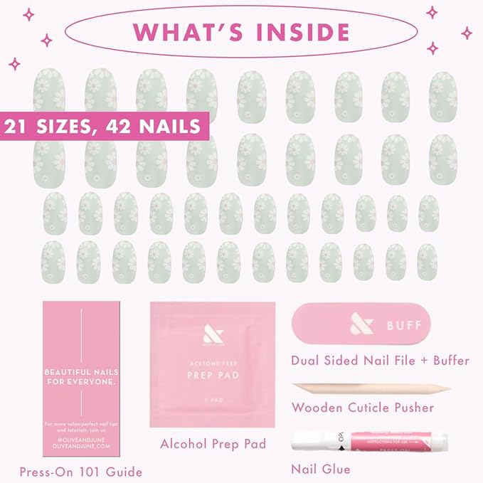 Olive & June Maximalist Instant Mani Press-On Nails (Glue) | 42 Fake Nails, 21 Sizes | Non-Toxic, Long-Lasting Big, Bold Gorgeous Realistic Look | Short, Round | Teal Chrome Flower Shower