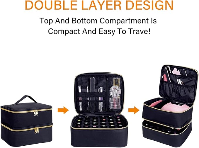 Nail Polish Organizer, Handheld Double Layer Organizer Holds 30 Bottles (15 ml/0.5 floz) with Adjustable Dividers for Nail Polish Small Manicure Lamp Manicure Tools Essential and Travel,Black