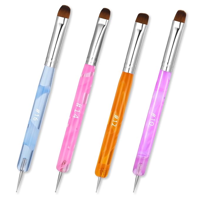 4pcs French Gel Acrylic Nail Art Brush Mixed Color Two Way Nail Art Brush with Dotting Professional Manicure Tool for Manicure Cuticle Clean up Detailed Designs Nail Dotting Pen (10#, 12#, 14#, 16#)