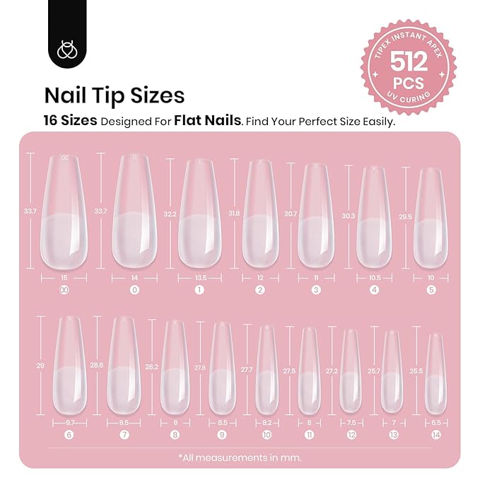 Beetles Tipex Instant Apex Nail Tips Coffin Long 16 Sizes 512 Pcs Pre-Etched Pre-Building Strong Thick Acrylic Tips