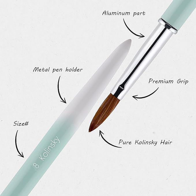 Acrylic Nail Brush Size 8#, 100% Pure Kolinsky Hair Acrylic Crystal Ombre White Green with Silver Ferrule Round Shaped for Women Girls Manicure Tools Accessories