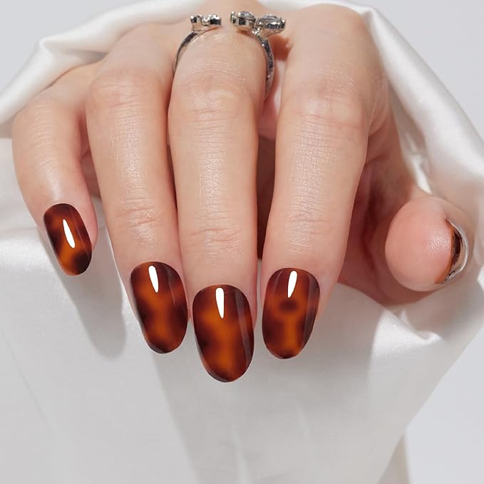 Press on Nails - Findigit Press on Nail Short, Natural Reusable Stick On Nails,Supremely Fit Soft Gel Fake Nail in 16 Sizes - 32 PCS Glue On Nail Kit, Amber